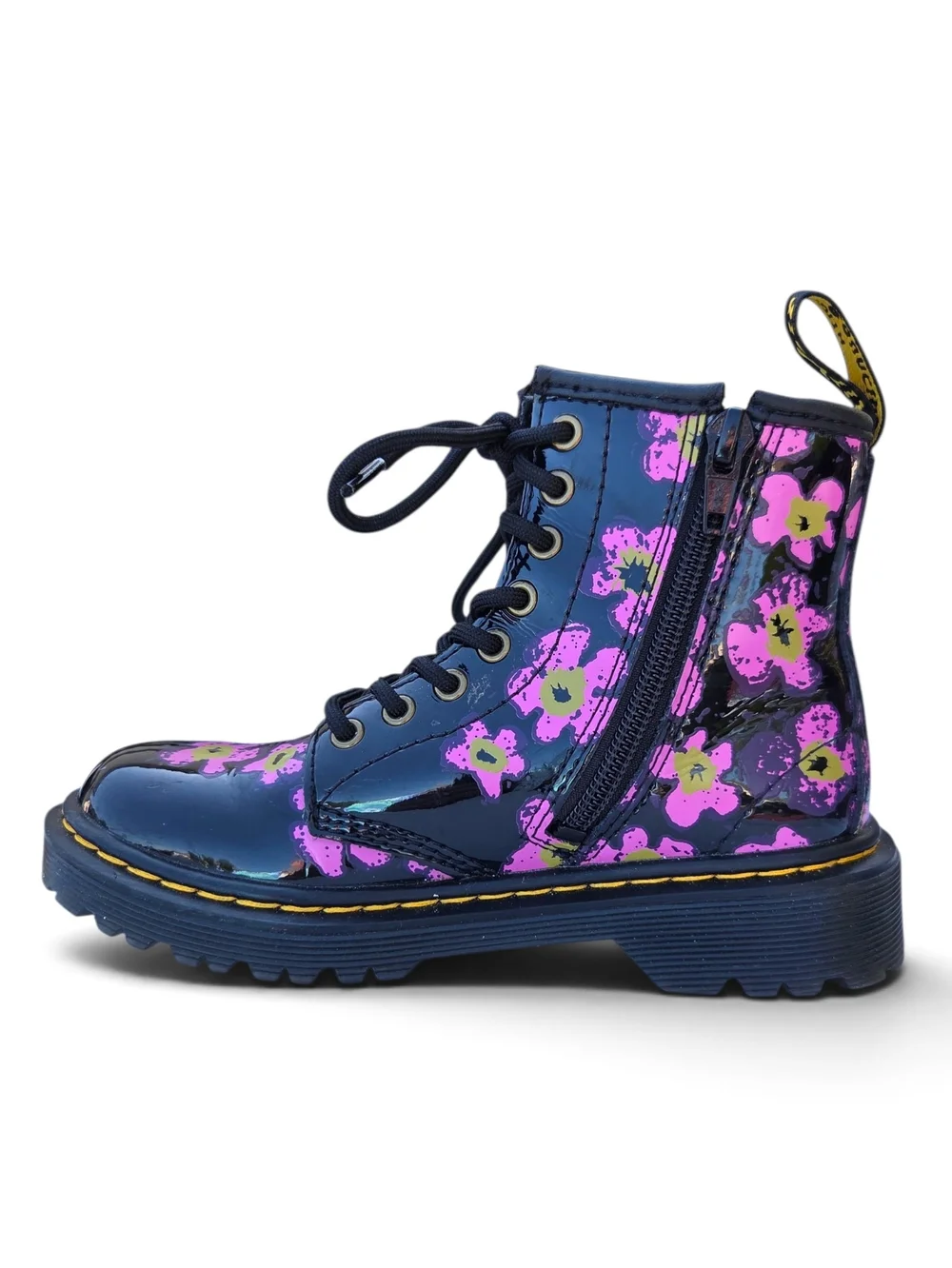 Dr. Martens 1460 J Floral Patent Leather Boots - Pink/Purple Flower Youth US 12